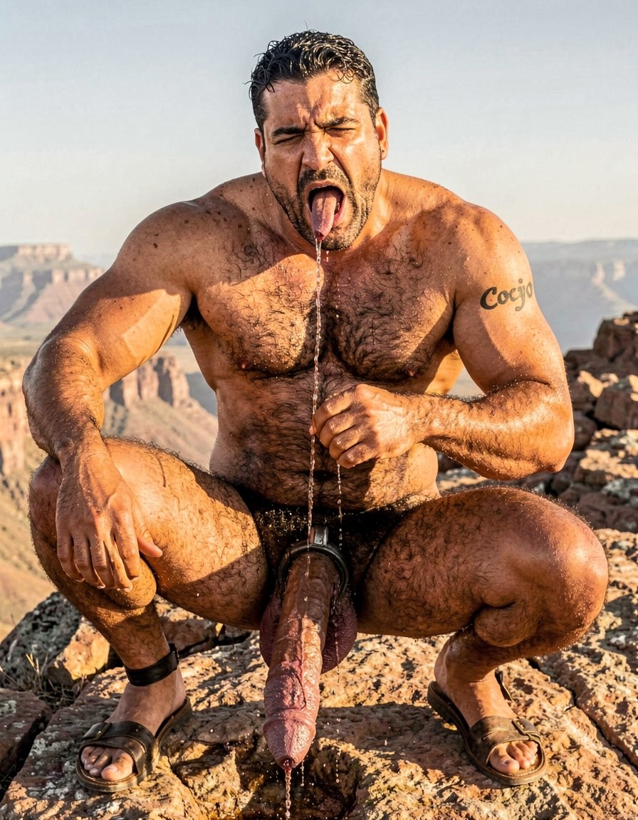 Hyper-realistic cinematic full-body photograph with perfect anatomy and zero distortion, taken under the brutal midday sun on the rocky summit of Cerro La Cantera, San Pablo Huitzo, Oaxaca, year 600 AD. The 26-year-old hyper-masculine, extremely hairy Zapotec warrior Cocijo is squatting low between the legs of Gayon Von Neumann, completely naked except for worn leather sandals. His massive sweaty body is covered in dense black hair across his chest, shoulders, arms, abs and thick thighs. Small elegant black tattoo “Cocijo” anatomically adapted to the curve of his right bicep. His own enormous 35 cm cock is brutally swollen, dark purple, heavily veined and throbbing hard, trapped at the base by a tight black leather cock and ball ring that forces his heavy balls upward; thick ropes of precum drip continuously from the swollen tip onto the hot rock. Cocijo has his mouth stretched wide, lips tight around Gayon’s thick cock, sucking it deeply and hungrily with powerful, wet strokes. His cheeks are hollowed from the strong suction, eyes looking up submissively at Gayon’s face of pure pleasure while he keeps bobbing his head, taking more of the shaft with each movement. Harsh golden sunlight creates dramatic highlights on sweat, dense body hair, saliva dripping down the shaft and thick precum. Raw, dominant male energy and total sexual submission, photorealistic detail, perfect proportions, no deformation.