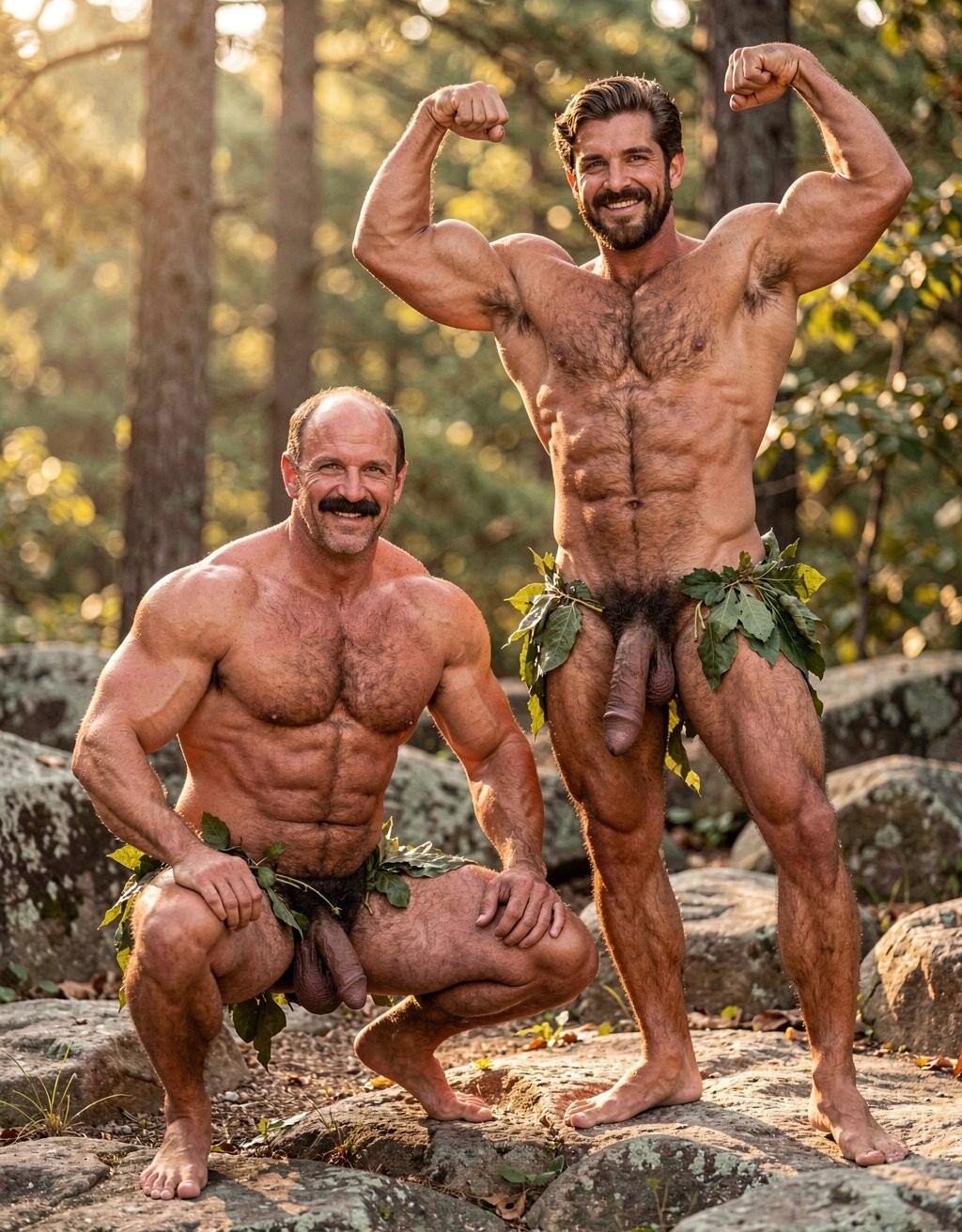Dos hombres desnudos y muy musculosos posan en un entorno natural de bosque, sobre rocas iluminadas por una luz cálida entre los árboles. El hombre de la derecha está de pie, sonriendo y flexionando ambos brazos para marcar bíceps, con torso velludo, abdominales definidos, barba y pelo oscuro; unas hojas verdes cubren parcialmente la zona púbica, aunque el pene queda visible entre las piernas. A la izquierda, otro hombre con bigote, calvo en la parte superior y de complexión fuerte, está en cuclillas mostrando pecho, brazos y abdominales marcados, también cubierto de forma parcial con hojas. La escena tiene un aire de fotografía de fitness al aire libre, naturismo, fuerza física y pose masculina en plena naturaleza.