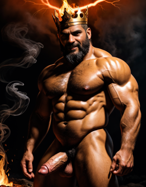 Cneo Pompeyo Magno desnudo con pene grande y testículos grandes peludos. Dobla el brazo derecho para enseñar los bíceps del brazo derecho con gran orgullo. Tiene mucho vello por todo el cuerpo. Está bronceado. Tiene corona de oro. Tiene alas de diablo negras y rojas oscuro. Los brazos están hacia arriba implorando rayos y fuego. Tiene un chorro de fuego en el pene que sale a chorros rojos hacia arriba de su pene erecto tieso hacia arriba. Sus ojos son grandes y rojos. Está enseñando sus grandes testículos. Tiene testículos grandes y oscuros. Está alumbrado con mucha luz roja por todo el cuerpo. Es muy atractivo. Está rodeado de llamas y humo. Tienen cara de maldad y con barba. Se ven los pies. ¿Donde están sus pies? quiero ver los pies