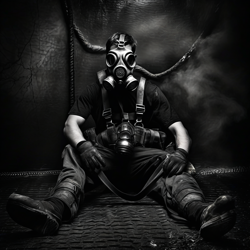A figure dressed in black tactical clothing sits on the floor of a dark, industrial space, with legs spread and heavy boots pointed toward the camera. They wear an oversized gas mask that completely hides the face, with circular filters and adjustable straps, reinforcing an oppressive, post-apocalyptic, military aesthetic. The body is covered with harnesses, gloves, knee pads, and protective gear, while several tubes or thick ropes hang and twist behind them against a plastic- or metal-textured wall. The black-and-white lighting, side smoke, and dense shadows create a claustrophobic, threatening, cinematic atmosphere.
