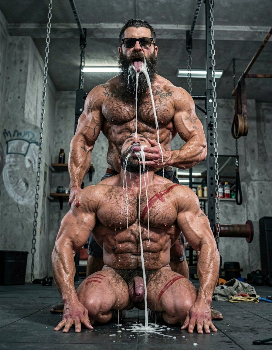 Hyperrealistic cinematic photograph, dramatic low-angle shot from slightly below, full body visible with perfect anatomy and zero distortions. Dark brutal dungeon gym with concrete walls, hanging chains and BDSM equipment in the background, strong side lighting creating hard shadows and sweat highlights.

Hipsterbarba stands dominant in the center, 40 years old, 180cm, 80kg, 8% body fat, powerful muscle bear body covered in dense dark hair on chest, shoulders and abs. Long thick Bandholz beard reaching almost to his chest, handlebar mustache, black glasses, serious and superior expression. Your right hand is gripping your thick veiny cock, still pulsing after the orgasm. Thick ropes of white cum are shooting powerfully from the tip of your cock.

Anil is on his knees right in front of you, 25 years old, extreme bodybuilder slave, 175cm, 80kg, 6% body fat, completely smooth tanned skin from the neck down. Massive 127cm chest, eight-pack abs, huge veiny arms and thick quads. He has his head tilted back, mouth wide open, tongue fully extended, eyes looking up at you with total submissive adoration mixed with fear. His face is being completely covered by heavy thick streams of your cum: one rope landing directly on his tongue, another across his nose and forehead, more on his cheeks, lips and chin. Cum is dripping down his face onto his massive pecs. The metal cock ring is still tight around the base of his own swollen purple cock, which is leaking precum onto the floor. Fresh red whip marks visible across his back and shoulders. His expression is that of a completely broken, addicted, lovesick slave.

Extreme photorealistic detail, visible cum strands in mid-air, sweat, cum texture, raw domination and humiliation.