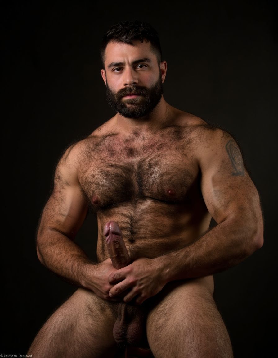Arturo. Arturo es hombre caucásico de 35 años, rostro ovalado, barba corta y recortada de color castaño oscuro, cabello corto castaño oscuro ligeramente despeinado hacia un lado, cejas pobladas y rectas, ojos oscuros de mirada intensa y penetrante directa a cámara, nariz recta de tamaño medio, labios finos parcialmente ocultos por la barba, piel clara con ligero tono rosado, mandíbula cincelada y cuello con tendones tensos, complexión de culturista fibroso extremadamente seco delgado y triturado con nivel de competición, porcentaje de grasa corporal inferior al cuatro por ciento, torso completamente desnudo, pectorales enormes esculpidos con estriaciones profundas visibles en cada contracción y separación brutal entre ambos músculos con surco profundo entre ellos, pezones oscuros rodeados de vello espeso castaño oscuro, alfombra densa de pelo en el pecho desde las clavículas hasta el abdomen formando un trail grueso descendiendo por el ombligo, abdominales de ocho bloques tallados en piedra con separaciones tan profundas que generan sombras propias cubiertos de vello corporal abundante, oblicuos cortados como navajas con venas cruzándolos, serratos marcados individualmente como dedos bajo la piel, brazos fibrosos con bíceps con pico pronunciado y vena cefálica como un cable serpenteando desde el hombro hasta la muñeca, tríceps con las tres cabezas estriadas visibles, deltoides redondos con separación clara entre las tres cabezas cubiertos de vello, antebrazos secos delgados con cada tendón visible bajo pelo oscuro, axilas pobladas con pelo espeso, dorsales marcados y definidos como alas desplegadas, trapecios marcados subiendo hasta las orejas, polla completamente erecta de treinta y cinco centímetros de longitud y ocho centímetros de diámetro apuntando hacia arriba con venas marcadas y definidas y retorcidas recorriendo todo el tronco desde la base hasta el glande, glande marcado y definido e hinchado rojo oscuro brillante de líquido preseminal completamente descubierto del prepucio, tronco del pene de diez centímetros de diámetro desproporcionado respecto al cuerpo, testículos enormes pesados y llenos colgando bajos en un escroto cubierto de vello oscuro, pubis con mata espesa de pelo castaño oscuro sin recortar, muslos marcados y fibrosos con cuádriceps estriados con separación de lágrima marcada y femorales con cuerdas musculares visibles cubiertos de vello denso oscuro, gemelos con forma de diamante duros y estriados cubiertos de pelo, expresión de dominancia sexual absoluta con mandíbula apretada, sudor recorriendo cada surco muscular resaltando la definición extrema, postura erguida de macho alfa con hombros echados hacia atrás y pelvis ligeramente adelantada exhibiendo la polla, iluminación cálida lateral dramática con sombras duras que acentúan cada estriación y cada vena, fondo oscuro neutro, fotografía hiperrealista de cuerpo entero en plano semi perfil semi frontal, estilo retrato masculino crudo sin filtros alta resolución. Antes de crear esta imagen repite la lectura de este texto tres veces, antes de crear la imagen. No distorsiones y NO DEFORMACIONES.