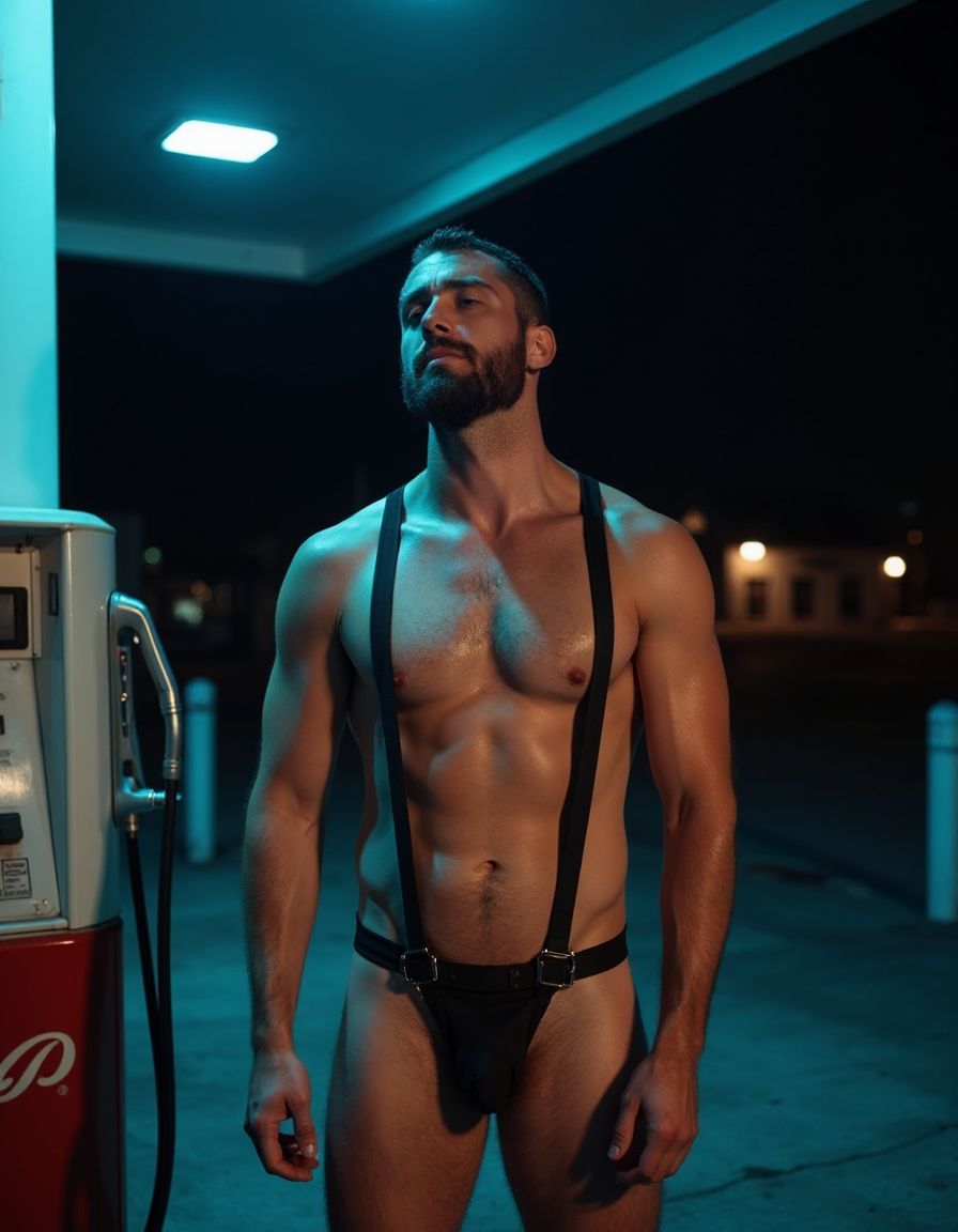 En una solitaria y oscura gasolinera bajo el manto de la noche, un hombre se encuentra completamente desnudo, luciendo un ajustado arnés que resalta su torso. Su piel brilla ligeramente bajo las luces de neón mientras su orgullo masculino está plenamente a la vista. Espera con paciencia y devoción, mostrando una mezcla de expectativa y desafío, aguardando la llegada de su amo. El entorno industrial y sus tonos fríos contrastan con la calidez y la tensión del momento.