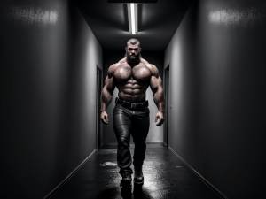 black and white noir comic scene with strong linear perspective, full-body view of a muscular man with shaved head and scars walking away from the viewer down a long narrow corridor, positioned near the top of the frame, holding a shirt in his left hand, shirtless with sweat and visible body hair, wearing dark pants. In the foreground, a second large bearded man with a wide hairy chest and muscular build walks toward the viewer, seen from mid torso upward, turning his head back to look at the other man. Dramatic contrast, cell shading, cracked walls, high emotional tension, empty corridor, cinematic noir atmosphere