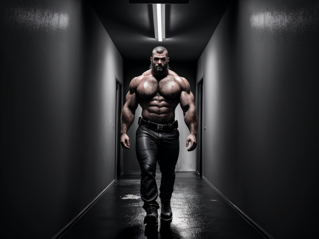black and white noir comic scene with strong linear perspective, full-body view of a muscular man with shaved head and scars walking away from the viewer down a long narrow corridor, positioned near the top of the frame, holding a shirt in his left hand, shirtless with sweat and visible body hair, wearing dark pants. In the foreground, a second large bearded man with a wide hairy chest and muscular build walks toward the viewer, seen from mid torso upward, turning his head back to look at the other man. Dramatic contrast, cell shading, cracked walls, high emotional tension, empty corridor, cinematic noir atmosphere
