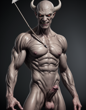 Hombre flaco, rostro anciano y malvado, verga gigante con punta en forma de flecha, como un demonio, piel arrugada, ojos malignos, sonrisa perversa, cuerpo delgado con músculos definidos, miembro viril prominente, textura de piel demoníaca.