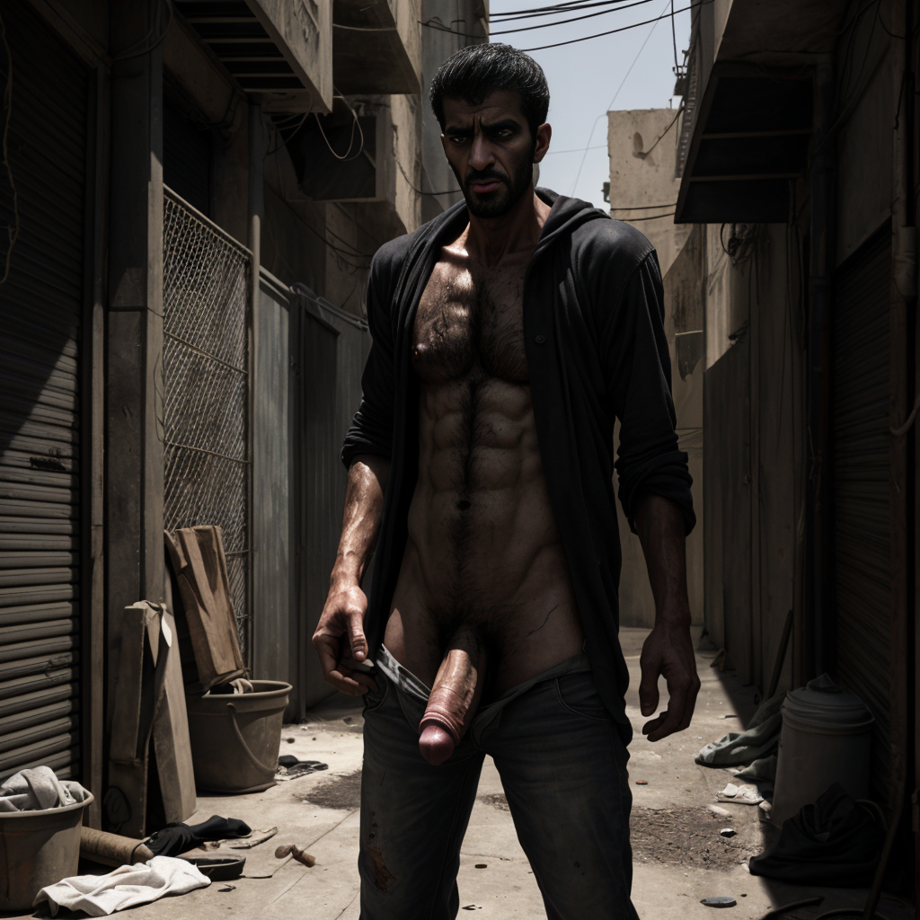 Dibujo realista, Hombre árabe feo y delgado, enfadado, pene grande, en un callejón oscuro y sucio, ropa desgastada, mirada intensa, sombras profundas, texturas realistas.