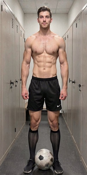 Strikingly handsome 20 year old male football player. He is shirtless, wearing black shorts and knee-high nylon socks. He is standing in a sports locker room.