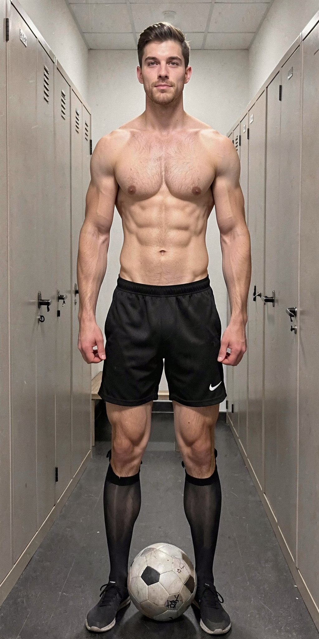 Strikingly handsome 20 year old male football player. He is shirtless, wearing black shorts and knee-high nylon socks. He is standing in a sports locker room.