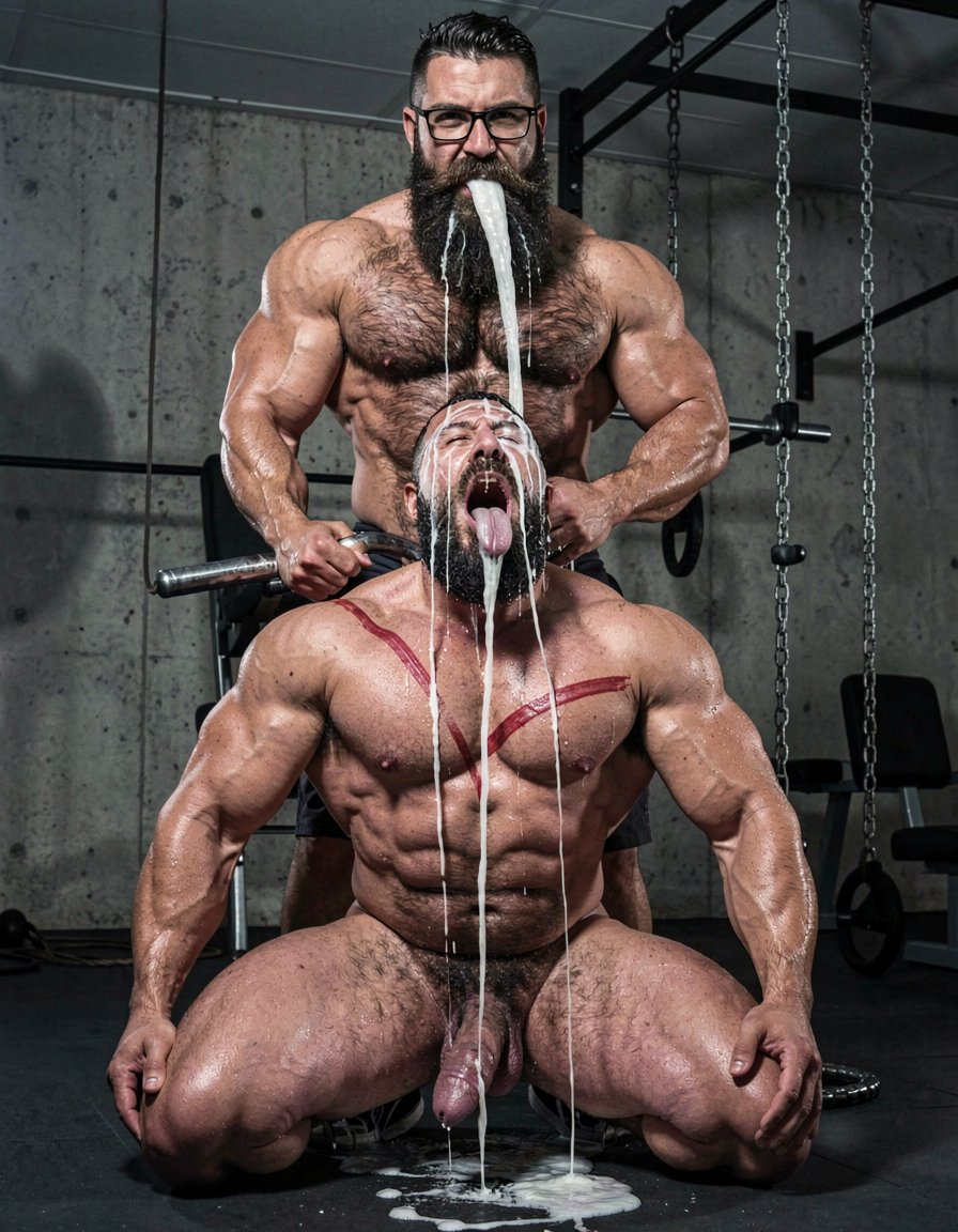 Hyperrealistic cinematic photograph, dramatic low-angle shot from slightly below, full body visible with perfect anatomy and zero distortions. Dark brutal dungeon gym with concrete walls, hanging chains and BDSM equipment in the background, strong side lighting creating hard shadows and sweat highlights.

Hipsterbarba stands dominant in the center, 40 years old, 180cm, 80kg, 8% body fat, powerful muscle bear body covered in dense dark hair on chest, shoulders and abs. Long thick Bandholz beard reaching almost to his chest, handlebar mustache, black glasses, serious and superior expression. Your right hand is gripping your thick veiny cock, still pulsing after the orgasm. Thick ropes of white cum are shooting powerfully from the tip of your cock.

Anil is on his knees right in front of you, 25 years old, extreme bodybuilder slave, 175cm, 80kg, 6% body fat, completely smooth tanned skin from the neck down. Massive 127cm chest, eight-pack abs, huge veiny arms and thick quads. He has his head tilted back, mouth wide open, tongue fully extended, eyes looking up at you with total submissive adoration mixed with fear. His face is being completely covered by heavy thick streams of your cum: one rope landing directly on his tongue, another across his nose and forehead, more on his cheeks, lips and chin. Cum is dripping down his face onto his massive pecs. The metal cock ring is still tight around the base of his own swollen purple cock, which is leaking precum onto the floor. Fresh red whip marks visible across his back and shoulders. His expression is that of a completely broken, addicted, lovesick slave.

Extreme photorealistic detail, visible cum strands in mid-air, sweat, cum texture, raw domination and humiliation.