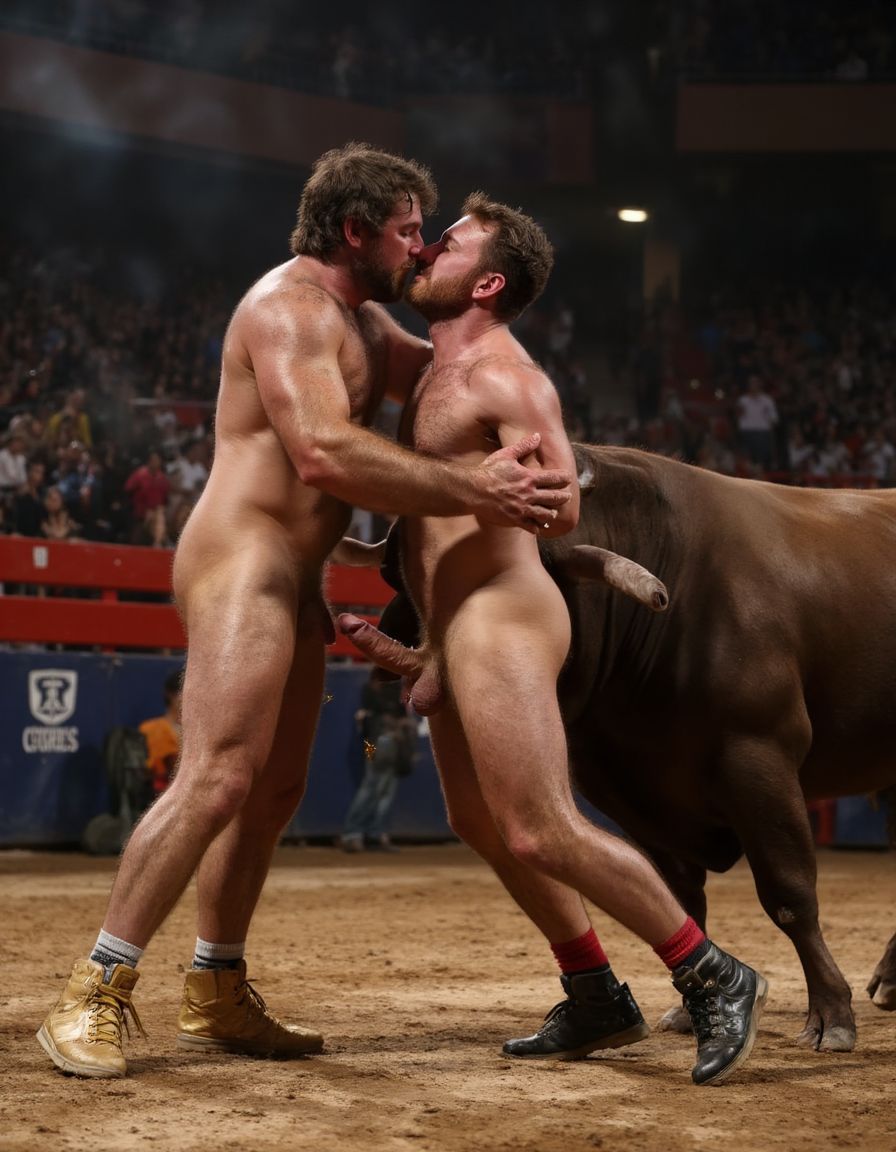 Un torero español musculoso y velludo de 50 años, con torso atlético y marcado, se muestra completamente desnudo, destacando su pene de 35 cm de longitud y 6 cm de diámetro, perfectamente formado y rodeado de un denso vello púbico castaño oscuro. Sus testículos, perfectamente formados, cuelgan de forma prominente. La piel bronceada y sudorosa resalta su musculatura definida, con pectorales y abdominales bien marcados y sin grasa. El cabello largo y castaño oscuro está despeinado y sudoroso, con gotas de sudor resbalando por su frente y mejillas. Una barba incipiente y un vello corporal denso que se extiende por su pecho, piernas y brazos completan su apariencia viril. Lleva zapatillas doradas en sus pies.

A su lado, un hombre musculoso y velludo de 30 años, completamente desnudo, muestra un pene de 40 cm de longitud y 7 cm de diámetro, hermoso y perfecto, rodeado de un denso vello púbico pelirrojo. Su piel bronceada y sudorosa muestra una musculatura definida, con pectorales y abdominales muy marcados. Tiene cabello pelirrojo despeinado y sudoroso. Tiene una barba pelirroja densa y bien recortada. El vello corporal es pelirrojo es denso y cubre su pecho, y tiene mucho vello pelirrojo en sus piernas y brazos, lo que realza su apariencia masculina y atlética. Están en la plaza de toros con un toro salvaje. Se aman

Ambos hombres se encuentran en una plaza de toros, con sombras que resaltan su musculatura y vello corporal, creando un ambiente sensual y cargado de tensión. Están en pleno acto de pasión, con sus penes erectos y testículos prominentes colgando y moviéndose al compás de los movimientos del cuerpo, destacando su musculatura, vello corporal y atributos viriles en una imagen impactante y llena de energía. La escena está llena de sensualidad y poder, con los dos hombres como protagonistas, en un ambiente cargado de pasión y erotismo. La imagen es híper realista, con detalles de alta calidad, y muestra la unión de los dos hombres en un acto de pasión y dominio, con sus cuerpos musculosos y velludos completamente desnudos y visibles, mostrando su excitación y pasión en cada detalle. Tienen sus penes erectos. Están totalmente desnudos. Tienen un pene de 40 cm de longitud y 7 cm de diámetro. Son felices y sonríen. Amor. Se abrazan por la cintura con fuerza y pasión, están muy juntos. Sexo duro. Están abrazados y besándose en la boca con lengua. Están muy juntos apretándose el uno con el otro. Te quiero ❤️. Se besan apasionadamente. Juntan sus penes erectos a la vista del espectador. Por sus penes erectos. Están a la vista del espectador de cara al espectador.