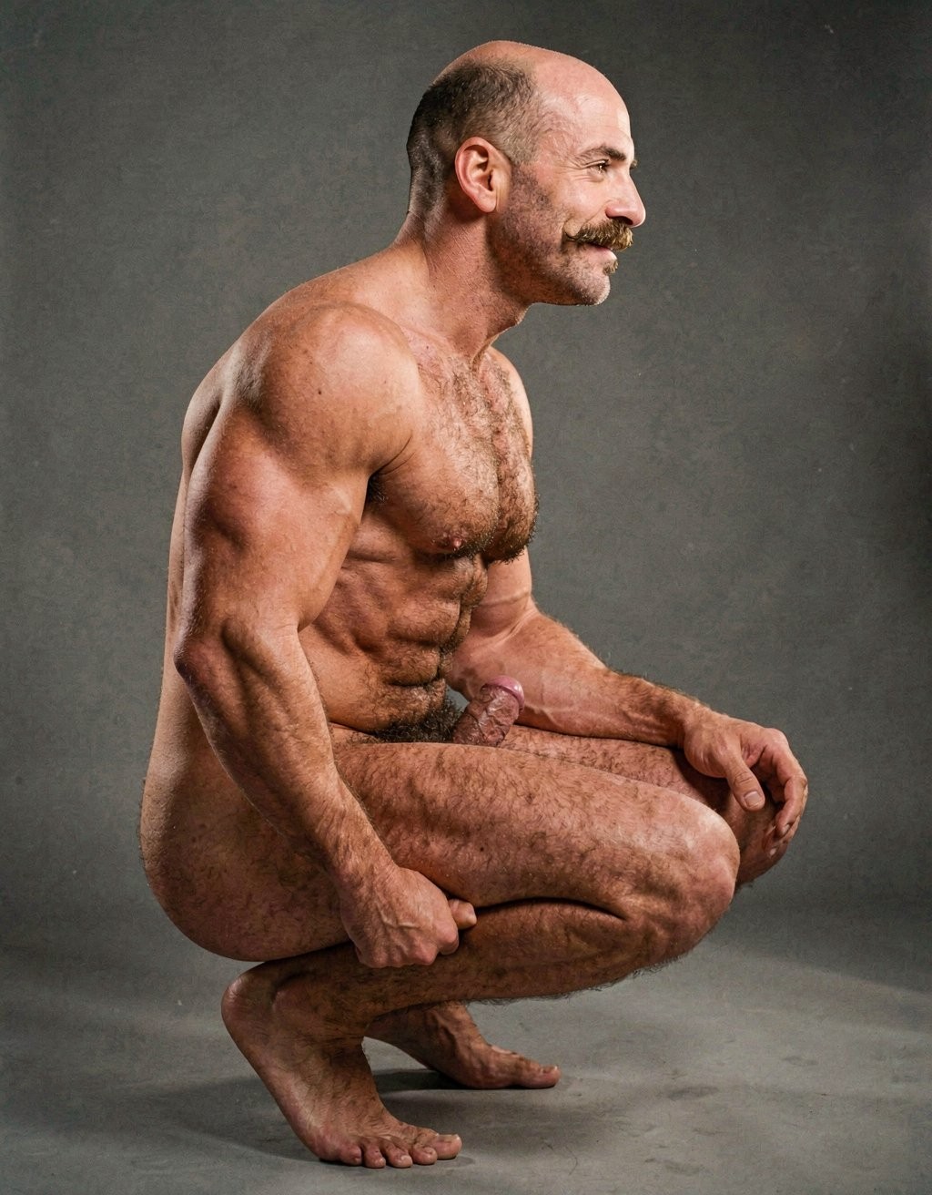 Mike Morris, a 32-year-old extremely lean Caucasian male with only 8% body fat, stands completely naked in a rigid military attention pose captured in a full-body exact side profile at 90 degrees from his right side. The shot runs uninterrupted from the tips of his size 44 slightly hairy feet all the way up to the top of his bald head, showing his entire body without any cropping whatsoever. His physique is dry, highly vascular and powerfully defined: massive square pectorals seen in perfect side silhouette, dense dark brown chest hair forming a thick T-pattern that continues across his shoulders and back, sharply carved six-pack abs in clear profile, narrow waist, wide flaring lats, powerful thighs and diamond-shaped calves covered in the same dark hair. Dramatic directional studio lighting falls from high and slightly in front of him, creating strong rim lighting that traces every sharp edge of his muscular outline, accentuating the texture of his dense dark body hair on chest, shoulders, lower back, ass and legs, while producing deep shadows that highlight every muscle separation, vein and the extreme dryness of his 8% body fat. His advanced Norwood III-IV bald scalp is clearly visible under the light, with very short dense dark brown hair only on the sides and back of his head. His square, angular face is shown in pure right profile: strong jawline, prominent chin with slight central dimple, thick well-groomed dark handlebar mustache, heavy brow and intense deep-set brown eye staring straight forward with a serious, commanding expression. His penis is fully and clearly visible in perfect side view, completely natural and anatomically correct: thick, 24 cm long when fully erect, with a natural slight upward curve, prominent dorsal veins running along the shaft, long foreskin that partially covers the pink-red glans, and noticeably lighter skin tone than the rest of his bronzed body. Below it hang his large, low-hanging testicles with wrinkled darker skin and an extremely dense, curly dark brown pubic bush that climbs almost to his navel and surrounds the base of his cock and balls generously. Every detail from his veined hands and forearms to his muscular ass, hamstrings, diamond calves and hairy toes is perfectly proportioned and free of any deformation. Photorealistic, high-contrast, masculine 1970s Colt Studio aesthetic with subtle grainy film texture. . Está muy agachado. Mike Morris sonríe...