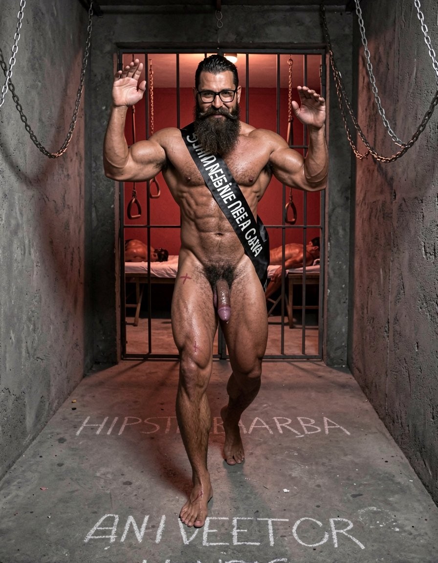 Hyperrealistic cinematic photograph inside a dark brutal dungeon corridor with rough concrete floor, hanging metal chains along the walls, dim red ambient lighting mixed with dramatic side spotlights creating hard contrasts, deep shadows and visible sweat on every muscle. Three men walking forward in a straight line toward the viewer, full body view, heading to an open doorway at the end of the corridor that reveals a red-lit room with visible bondage bed, whipping bench, hanging pulleys and a large metal cage in the corner.

Hipsterbarba walks dominant in the exact center, completely naked, 40 years old, 180cm 80kg 8% body fat, powerful muscle-bear physique covered in dense dark wet body hair on thick chest, shoulders, defined abs and heavy thighs. Very long thick Bandholz beard reaching almost to his chest, curled handlebar mustache, black glasses, hands on his waist at the start of the stride, powerful confident gait, thick heavy cock and low hanging balls swinging with each step, cold superior expression looking straight ahead.

To his right (left side of the image) walks Anil, 25 years old, extreme bodybuilder slave, completely naked, 175cm 80kg 6% body fat, massive 127cm pumped chest, perfect eight-pack, extremely wide V-taper back with fresh red whip marks, round high 90cm glutes and 70cm competition quads, completely smooth tanned skin from the neck down. Thick cock strangled at the base by a shiny metal cock ring making it purple and swollen, long strings of precum dripping from the tip with every step. Head slightly lowered in submission, arms still slightly pumped from previous flex, serious devoted expression, anus slightly open with a thin trail of semen and precum running down the inside of his left thigh.

To his left (right side of the image) walks Víctor, 25 years old, extreme bodybuilder, completely naked, 175cm 80kg 6% body fat, massive 127cm pumped chest, perfect eight-pack, wide V-taper, round high glutes and 70cm competition quads, completely smooth tanned skin. A thick black textile victory sash tightly crossed over his torso from right shoulder to left hip with large perfectly legible white capital letters in Spanish reading exactly “Esclavo de Gayon”. He walks with a slight happy smile, right hand raised in a cheerful wave, thick erect cock bouncing hard with each step, heavy balls swinging.

On the concrete floor beneath them, faint white chalk letters still visible from earlier: “HIPSTERBARBA” under the center man, “ANIL” under the man on the left side of the image, and “VÍCTOR” under the man on the right side of the image.

Raw atmosphere of total ownership and humiliation, perfect anatomy and proportions, realistic skin texture, sweat, muscle striations, visible precum trails and sharp text details. No distortions.