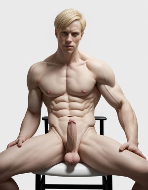 Hombre ario de 30 años, musculoso y desnudo, sentado en silla minimalista, mirando a la izquierda, pectorales definidos, cuádriceps pronunciados, piernas poderosas, cabello rubio corto y lacio, piel pálida, fotografía profesional, fondo blanco, enfoque en su desnudez y pene visible, detalles anatómicos realistas.