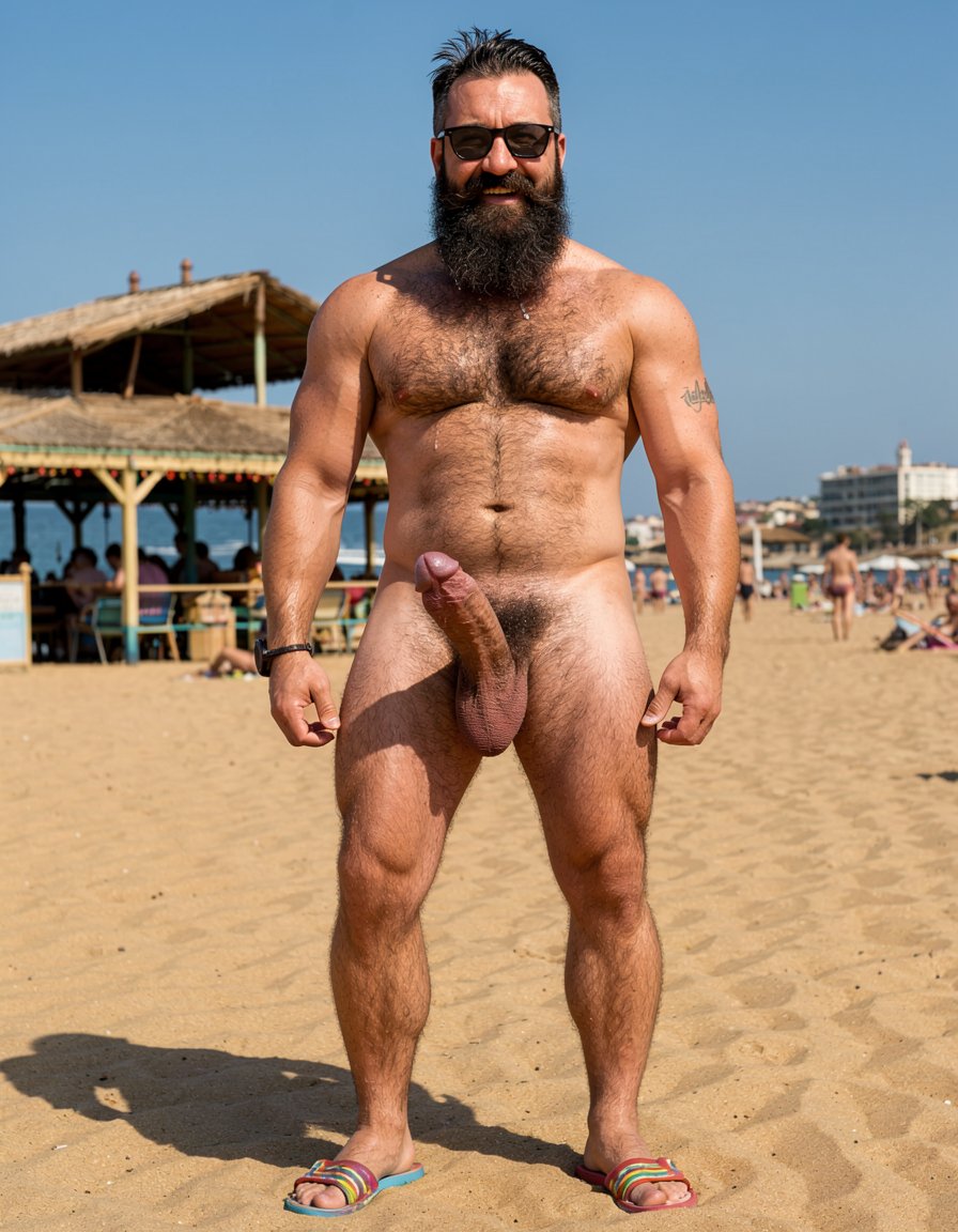 Photorealistic portrait of Hipsterbarba, exactly matching the reference photo. 40 year old Spanish muscle bear, 180cm tall, 80kg, 8% body fat, completely dry and shredded six-pack with deep cuts, visible linea alba and dark treasure trail from navel to dense black pubes. No belly whatsoever. Rounded developed pectorals covered in dense dark masculine chest hair, small dark erect nipples. Broad rounded shoulders, vascular muscular arms with the small black tattoo 