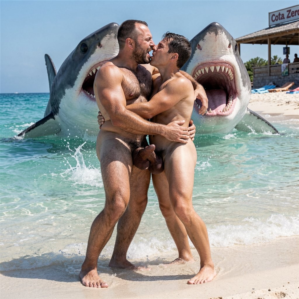 Dentro del agua turquesa del mar en la playa nudista de El Playazo, con el agua llegándoles por la cintura, Alfredo y Aaron siguen abrazados brutalmente con una pasión sexual salvaje y descontrolada, ajenos al peligro que se acerca por detrás.

Alfredo, de 40 años, 1,90 m, 78 kg y 6% de grasa corporal, aprieta a Aaron con fuerza animal. Sus pies perfectamente formados y naturales están bien plantados en la arena del fondo, sin deformaciones. Sus brazos musculosos y muy velludos de castaño oscuro rodean la espalda del otro con violencia, clavando los dedos. Sus pectorales grandes y peludos se aplastan contra Aaron, su abdomen marcado presiona con rabia y su enorme pene de 24 cm por 18 cm, completamente erecto y venoso, se clava con brutalidad contra el vientre y la polla de Aaron. Sus testículos grandes y morenos (el derecho 9 mm más bajo) chocan y se frotan bajo el agua. Su rostro angular está pegado al de Aaron, mandíbula ancha tensa, mentón con hoyuelo profundo, ojos verdes ardiendo de lujuria y boca abierta gruñendo mientras le muerde el cuello.

Aaron, de 30 años, 1,83 m, 75 kg y 6% de grasa, responde con la misma brutalidad. Sus pies naturales y proporcionados están clavados en el fondo. Sus brazos fuertes rodean la espalda ancha de Alfredo, clavando las uñas. Su polla circuncidada de 20 cm por 18 cm está totalmente dura, aplastada y frotándose con furia contra la gruesa verga de Alfredo. Su rostro muestra excitación animal, boca abierta jadeando y lengua buscando la de Alfredo en un beso agresivo y baboso.

Por detrás de ellos, emergiendo del agua con la boca abierta de par en par mostrando hileras de dientes triangulares y afilados, se acerca un enorme gigante tiburón blanco de más de 7 metros, con la piel gris oscura brillante, ojos negros inexpresivos y una presencia terrorífica. El tiburón está a solo unos metros, cortando el agua con su aleta dorsal visible y su enorme cabeza apuntando directamente hacia los dos hombres abrazados, como si fuera a engullirlos de un solo bocado.

El agua salpica con fuerza entre sus cuerpos entrelazados y alrededor del tiburón. La luz dura del mediodía crea reflejos brillantes en la piel mojada, el vello empapado, las venas hinchadas de sus pollas erectas y las gotas suspendidas en el aire. Al fondo se ve la orilla, las toallas y el chiringuito Cota Zero. La fotografía hiperrealista vertical de cuerpo entero en 8K muestra anatomía 100% natural y correcta, pies perfectamente formados sin deformaciones, proporciones exactas y una escena cargada de pasión sexual brutal mezclada con un terror extremo y cinematográfico.