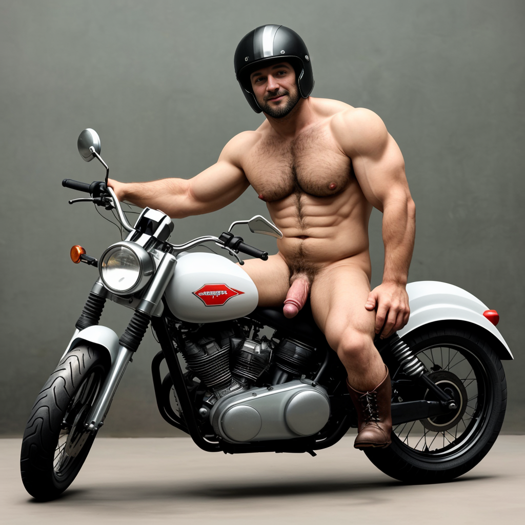 Hombre, 35 años, con poco vello, desnudo, musculoso, sentado en la moto, con casco, enseña la polla, con botas