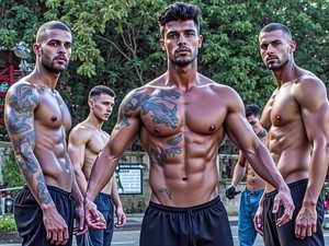 Quatre nois heteros de barri fent esport a la montanya de Collserola, s'han tret les samarretes i el líder mostra el seu cos tatuat amb orgull de mascle als altres. Al fons es veu el bosc. 