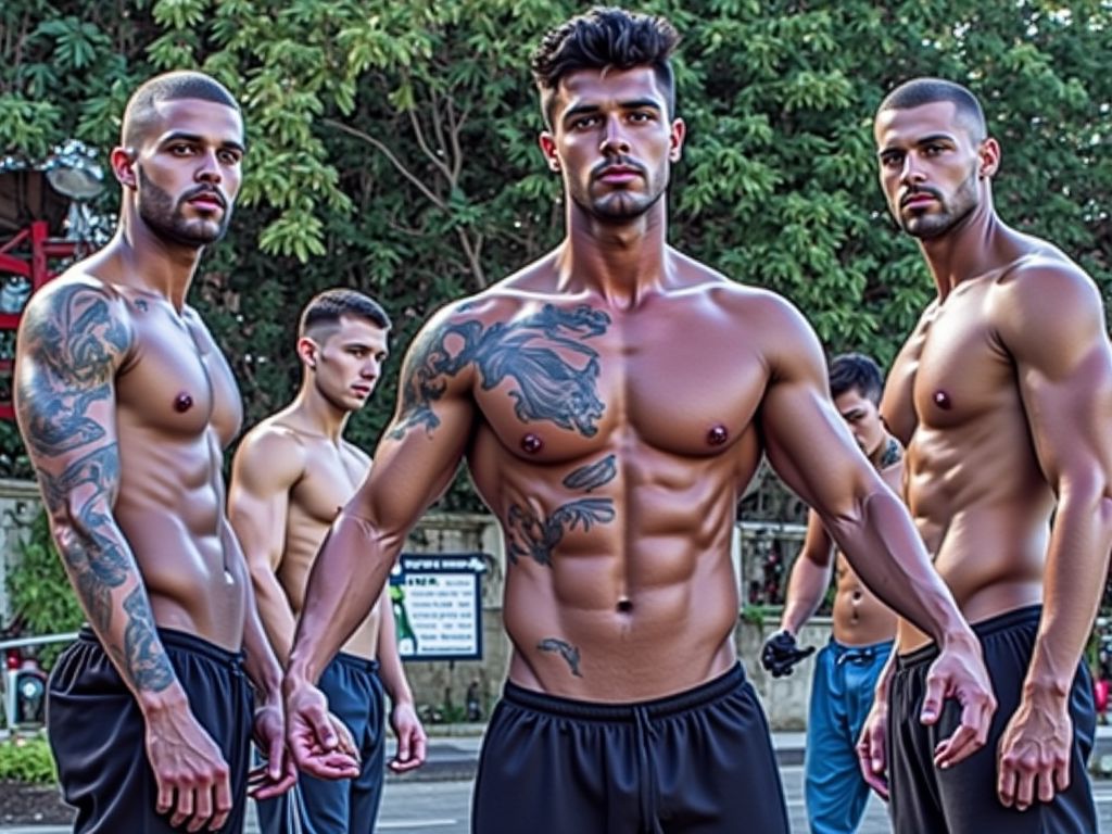 Quatre nois heteros de barri fent esport a la montanya de Collserola, s'han tret les samarretes i el líder mostra el seu cos tatuat amb orgull de mascle als altres. Al fons es veu el bosc. 