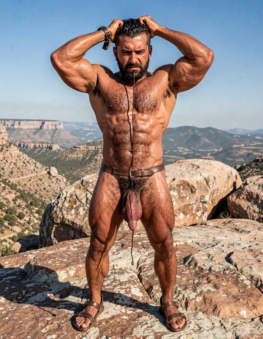 Hombre musculoso y desnudo posando de pie sobre grandes rocas en un paisaje montañoso, con el torso velludo, abdominales marcados, brazos levantados y manos sujetándose el pelo oscuro recogido. Lleva barba, sandalias de cuero y una correa o cinturón estrecho alrededor de la cintura, mientras su pene cuelga visible en primer plano. La piel aparece brillante, como sudada o mojada, resaltando la musculatura de hombros, pecho, brazos y piernas bajo una luz solar intensa. Al fondo se extienden cañones, colinas áridas y formaciones rocosas bajo un cielo azul despejado, creando una escena de naturaleza salvaje, desnudez masculina, fuerza física y pose atlética al aire libre.