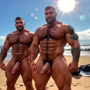 Tres soldados de caballería, musculosos y muy tatuados, de 35 años de edad, disfrutan de su día de descanso en una playa del Pacífico, se bañan desnudos y mostrando su grandes penes y hermosos testículos. Tienen mucho vello por todo el cuerpo