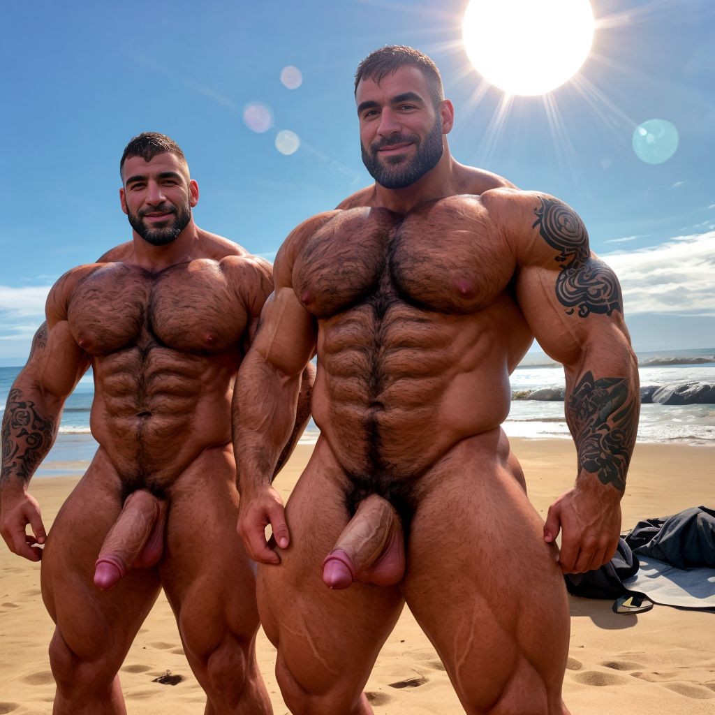 Tres soldados de caballería, musculosos y muy tatuados, de 35 años de edad, disfrutan de su día de descanso en una playa del Pacífico, se bañan desnudos y mostrando su grandes penes y hermosos testículos. Tienen mucho vello por todo el cuerpo