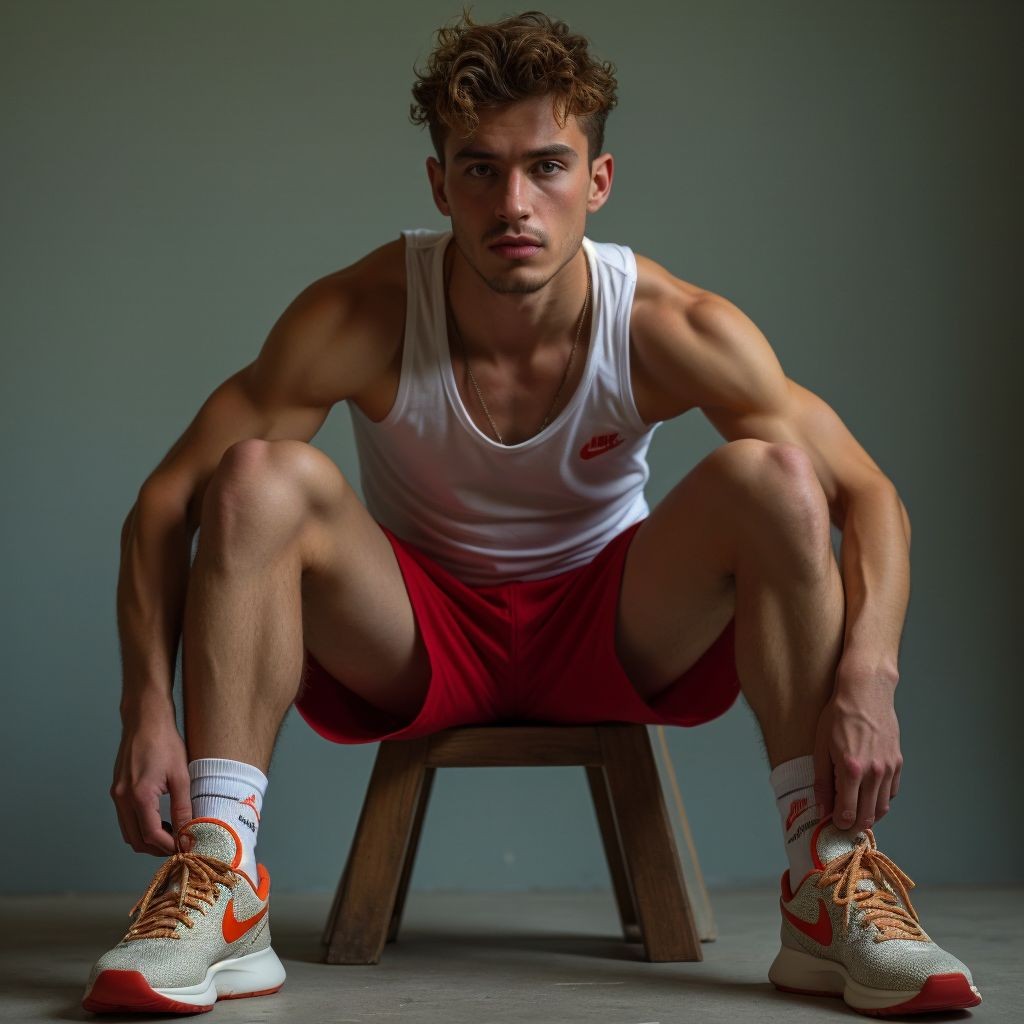 A young athlete with an athletic build poses seated on a low wooden stool, with his legs open and his torso leaning forward, looking directly at the camera with a serious, focused expression. He wears a white tank top with the Nike logo in red, red shorts, tall white socks, and white athletic shoes with orange details and red soles, while holding the laces near both feet as if preparing to train. The plain grayish-green background, soft lighting, and studio floor reinforce a sports portrait, fitness, and physical preparation aesthetic.