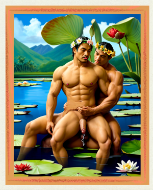 Inspirado en Gaugin. Óleo en lienzo con chicos tahitianos fornicando sobre los nenúfares.