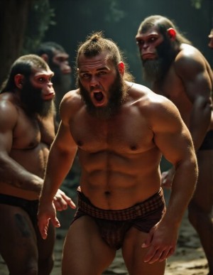 Año, 4025. Un hombre musculoso, con el cabello recogido, se ha criado entre simios mutantes con aspecto algo humanoide, ha adquirido costumbres simiescas y se comunica mediante gritos y gruñidos, sin embargo conserva el pudor humano y tapa su sexo con un taparrabos. Se halla entre varios congéneres que lo tienen por uno de ellos.  