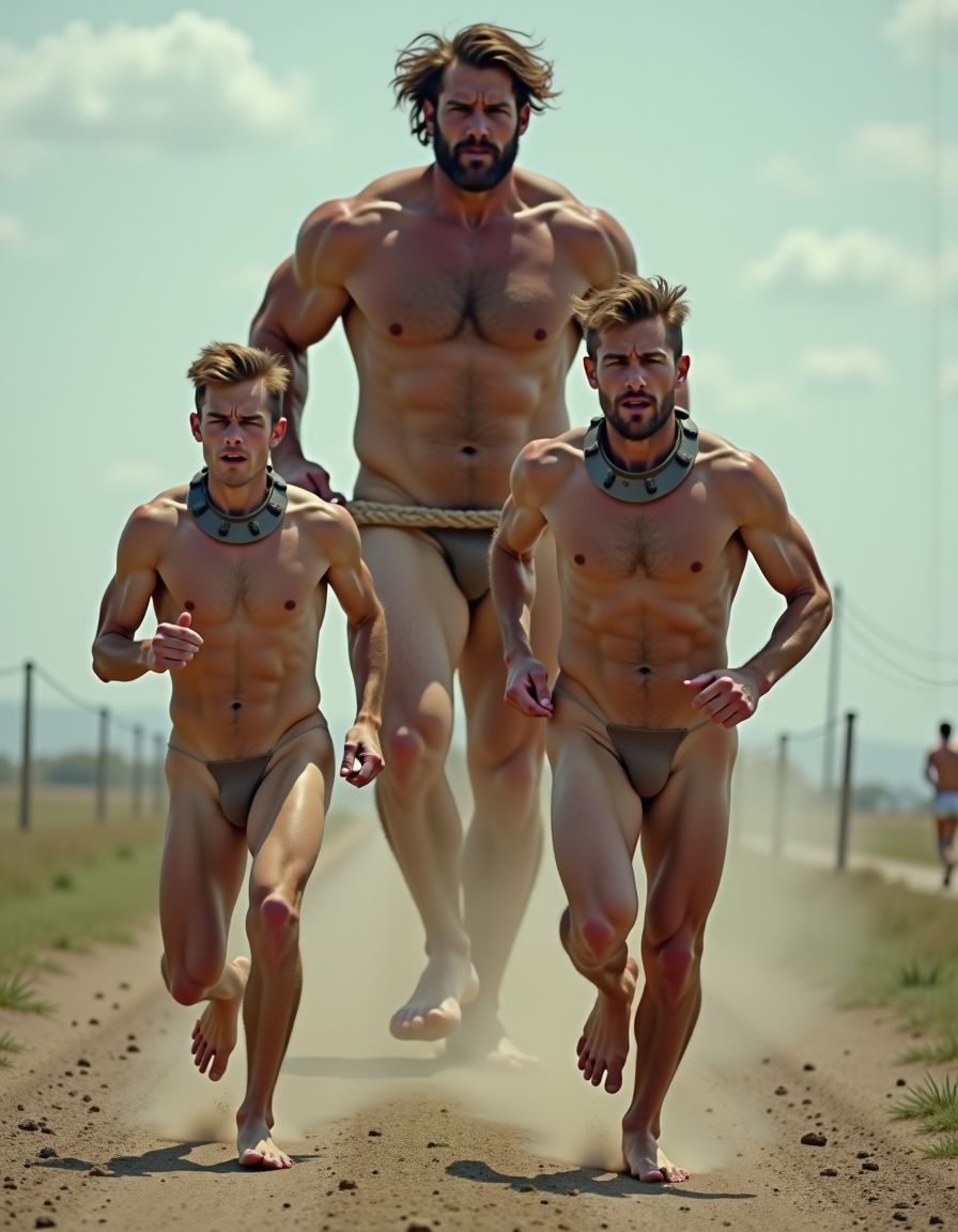 Dos chicos jóvenes de 24 años, ambos completamente desnudos, con cuerpos delgados y atléticos, corren desesperadamente por un campo abierto y solitario. Sus cuerpos bien definidos y tonificados se mueven con rapidez, mientras que sus rostros reflejan una mezcla de miedo y determinación. Cada uno de ellos lleva un gran collar de metal alrededor del cuello, lo que añade un toque de crudeza y dominio a la escena.

Detrás de ellos, un hombre gigantesco y musculoso, completamente desnudo, les persigue con una cuerda en la mano, lista para ser lanzada y atrapar a sus presas. Este hombre es de una estatura impresionante, con brazos y piernas enormes y definidos, cubiertos de un denso vello que subraya su fuerza bruta. Su pelo y barba largas y despeinadas dan un toque feroz a su apariencia, mientras que sus ojos parecen arder con una intensa pasión de caza.

La escena está llena de tensión y vicio, con los dos chicos jóvenes luchando por escapar de su perseguidor, mientras que el hombre gigante parece disfrutar del juego del gato y el ratón. El campo solitario y abierto proporciona un telón de fondo desolado y sin esperanza, lo que aumenta el sentido de desesperación y miedo que se siente en el aire. La imagen es hiperrealista, con detalles precisos y una atención al realismo que hace que la escena sea aún más impactante y visceral. Todos están desnudos.