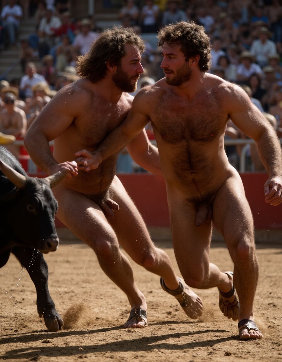 Un torero español musculoso y velludo de 50 años, con torso atlético y marcado, se muestra completamente desnudo, destacando su pene de 30 cm de longitud y 5 cm de grosor, perfectamente formado y rodeado de un denso vello púbico castaño oscuro. Sus testículos, perfectamente formados, cuelgan de forma prominente. La piel bronceada y sudorosa resalta su musculatura definida, con pectorales y abdominales bien marcados y sin grasa. El cabello largo y castaño oscuro está despeinado y sudoroso, con gotas de sudor resbalando por su frente y mejillas. Una barba incipiente y un vello corporal denso que se extiende por su pecho, piernas y brazos completan su apariencia viril. Lleva sandalias marrones en sus pies.

A su lado, un hombre musculoso y velludo de 30 años, completamente desnudo, muestra un pene erecto de 30 cm de longitud y 4 cm de grosor, hermoso y perfecto, rodeado de un denso vello púbico pelirrojo. Su piel bronceada y sudorosa muestra una musculatura definida, con pectorales y abdominales muy marcados. Tiene cabello pelirrojo despeinado y sudoroso. Tiene una barba pelirroja densa pero bien recortada. El vello corporal pelirrojo denso cubre su pecho, y tiene mucho vello pelirrojo en sus piernas y brazos, lo que realza su apariencia masculina y atlética. Están corriendo en la plaza de toros con un toro

Ambos hombres se encuentran en una plaza de toros, con sombras que resaltan su musculatura y vello corporal, creando un ambiente sensual y cargado de tensión. Están en pleno acto de pasión, con sus penes erectos y testículos prominentes ,destacando su musculatura, vello corporal y atributos viriles en una imagen impactante y llena de energía. La escena está llena de sensualidad y poder, con los dos hombres como protagonistas, en un ambiente cargado de pasión y erotismo. La imagen es híper realista, con detalles de alta calidad, y muestra la unión de los dos hombres en un acto de pasión y dominio, con sus cuerpos musculosos y velludos completamente desnudos y visibles, mostrando su excitación y pasión en cada detalle. Tienen sus penes erectos, desde la uretra del glande del pene eyaculan semen blanco lanzado en abundancia. Están totalmente desnudos. Tiene un pene de 30 cm de longitud y 5 cm de diámetro.