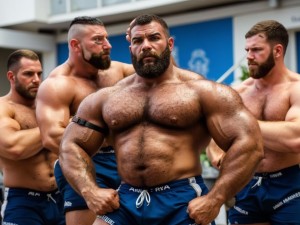 4 jugadores de rugby maduros de un equipo senior, musculosos, velludos e hipermasculinos, descamisados después del partido El capitán posa en jarras aún en el estadio mientras los otros charlan, el público se va.
