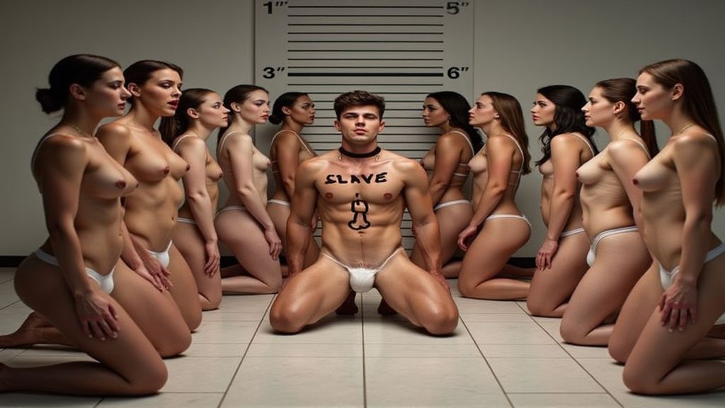 Chico hetero sumiso en su mejor fantasía: de rodillas, desnudo y solo con un slip blanco ajustado está en el centro de un círculo formado por mujeres-Amas que enseñan los senos, han dibujado la palabra 