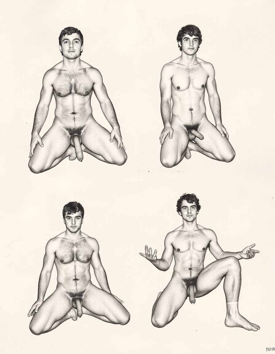 Solo hombres desnudos musculosos. Tiene pene erecto de 50 cm de longitud y 8 cm de diámetro. Dibujos tipo KAKE de Tom Of afilándoos. Tiene un pene erecto de 50 cm de longitud y 8 cm de diámetro. Están arrodillados en el suelo