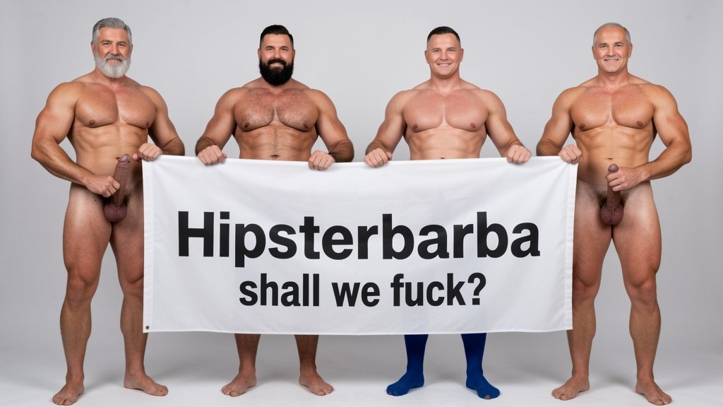 Four naked muscular men holding banner text (Hipsterbarba amor) ultra high quality 8K photorealistic: El Comandante Spanish military leader 45 years short gray hair stern commanding face muscular trained body 185cm 85kg standing far left holding left edge of banner with both hands completely naked massive erect uncircumcised penis 25cm thick veiny shaft visible below banner heavy balls alpha dominant stance, Soldado Bartolo Spanish soldier 35 years thick dark full beard short hair very hairy muscular chest arms legs groin 180cm 80kg standing center-left holding banner completely naked large erect uncircumcised penis 18cm thick visible hairy balls masculine hairy build playful smirk, Superman alien superhero 195cm 100kg perfect bronzed smooth hairless skin short black hair with characteristic curl bright blue eyes massive superhuman muscles standing center-right holding banner completely naked enormous erect penis 23cm steel hard thick shaft visible smooth heavy balls god-like physique confident smile, General Rodolfo Castaños 60 years short gray military hair thick gray mustache experienced muscular body 175cm 75kg standing far right holding right edge of banner completely naked thick erect penis 20cm visible mature heavy balls military bearing knowing expression, all four men standing in horizontal row full body visible head to feet holding between them large white fabric banner at chest level with bold black letters spelling Hipsterbarba ¿follamos? question mark clearly readable professional typography banner stretched tight all four erect penises balls completely visible below banner military office background professional studio lighting 8K photorealistic resolution masterpiece quality inviting expressions.