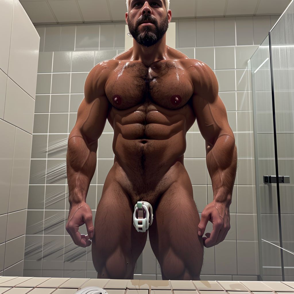 Hombre musculoso, pelo blanco corto, barba blanca igual, jaula de castidad blanca, desnudo en duchas de gimnasio, agua cayendo, cuerpo tonificado, jaula resaltando, barba y pelo contrastando con piel morena, penetrado por hombre negro musculoso, ambiente húmedo y sensual.