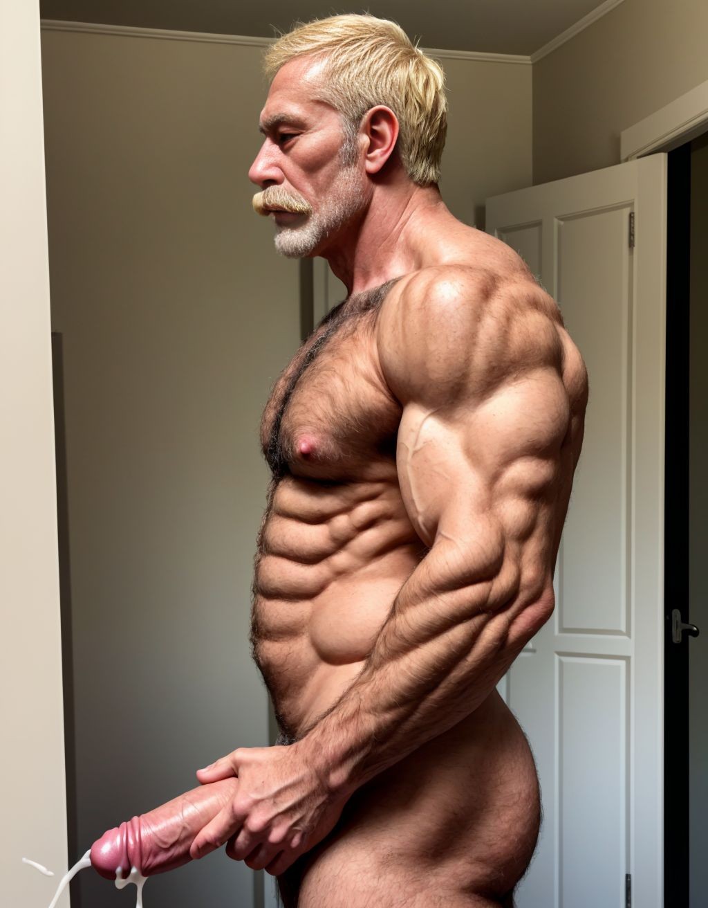 Hombre de 50 años, moreno, desnudo, delgado, pene erecto, testículos grandes y velludos, pecho y brazos velludos, cara delgada, cabello rubio, trasero perfecto, atractivo y viril, mentón grande, hoyuelo, músculos definidos, bigote, perfil, masturbación. Masturbación. Está de perfil. Cuerpo delgado.