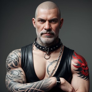 Hombre musculoso con la cabeza rapada y barba canosa recortada posa de frente con expresión seria e intensa, mirando directamente a cámara sobre un fondo gris oscuro de estudio. Lleva un chaleco negro de cuero abierto con escote profundo, un collar ancho de cuero con tachuelas metálicas y una anilla central, además de una cadena plateada cruzando el pecho. Sus brazos están cruzados, mostrando tatuajes extensos de estilo tribal en el brazo izquierdo y antebrazo, mientras que en el hombro derecho destaca un tatuaje rojo y negro con forma de dragón o criatura demoníaca. La estética es dura, motera y fetish, con accesorios de cuero, metal, piercings discretos y una presencia dominante.