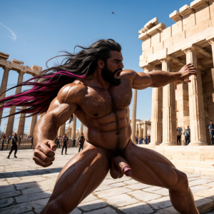 Harmodio y Aristogitón están desnudos. Tienen grandes testículos muy velludos. Luchan en la plaza medieval de Atenas. Se golpean con sus grandes penes. Son musculosos y están delgados y bronceados. Tienen mucho vello por todo el cuerpo. Aristogitón rechaza a Harmodio. ⛓️ 🪵 🍾 🥂 🥃 
