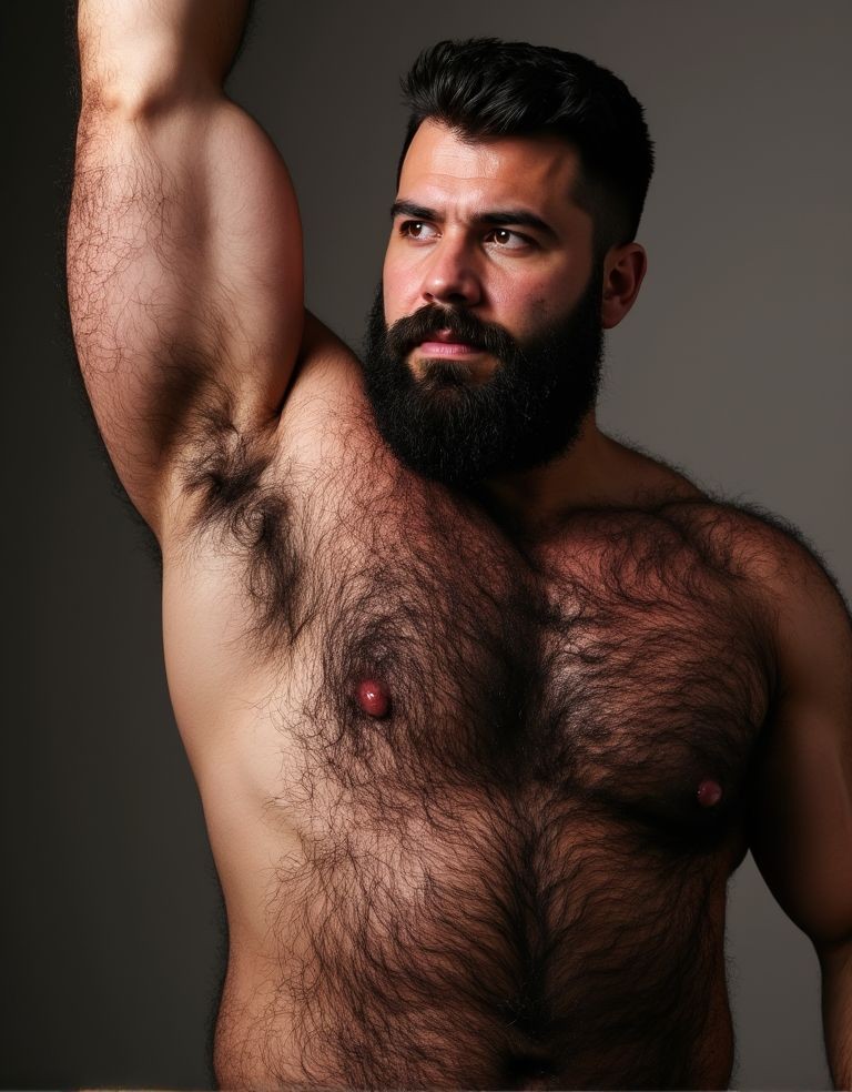Bare-chested man with a robust build and very hairy chest, posing standing against a dark gray background with studio lighting that highlights the volume of the body and the texture of the body hair. He has one arm raised above his head, leaving the hairy armpit visible, while slightly turning his gaze to one side with a serious and intense expression. His black, thick, well-groomed beard, along with short hair styled upward, reinforces a masculine and confident appearance. The skin appears warm under the side light, highlighting the pecs, abdomen, nipples, and the contour of the shoulder and arm.