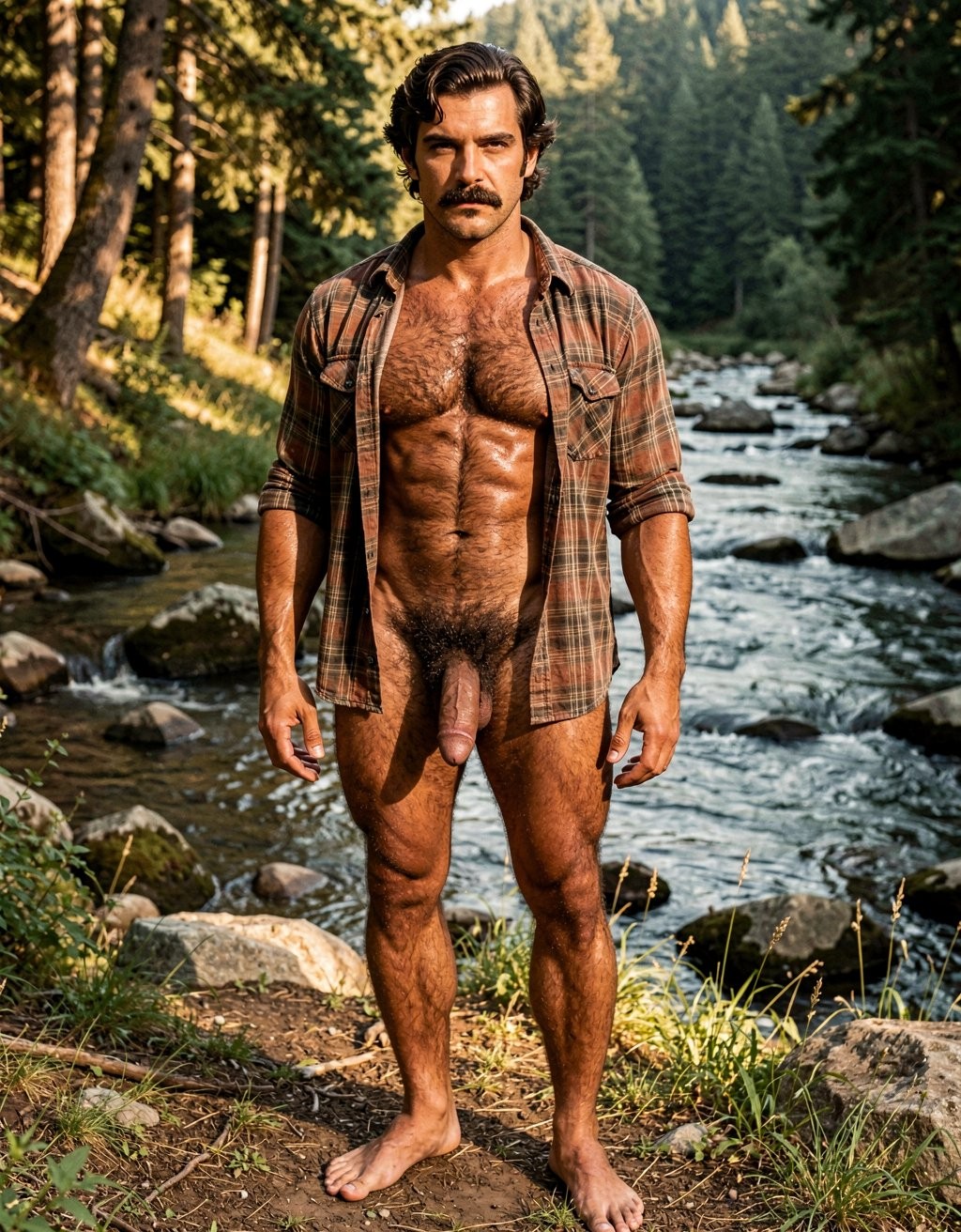 Paul Storr. A hyper-realistic portrait of the definitive Paul Storr, 28 years old, captured exactly as he appeared in Colt Studio's mid-1970s photography. He stands alone in a sunlit forest clearing beside a mountain stream, embodying the ultimate all-American masculine ideal of the Colt era. His face is square and powerfully masculine with a sharply chiseled jaw, prominent cheekbones, thick dark eyebrows, intense dark eyes delivering a serious and slightly defiant gaze directly at the viewer, and a perfectly groomed, dense dark brown seventies mustache. His short, slightly wavy dark brown hair is combed back naturally with prominent long sideburns.

His torso is athletic, muscular and natural — broad shoulders, thick developed pectorals and strong arms — covered in a dense, uniform coat of dark brown (almost black in places) body hair that completely covers his chest, swirls around his nipples, forms a thick central trail down his defined abdomen and disappears into an extremely thick, wild dark pubic bush. The same dark hair spreads across his shoulders, upper back and forearms. His skin has a rich, even golden-medium bronze tan that creates a striking erotic contrast with the noticeably paler skin of his large, thick cock and heavy, pendulous, hairy balls. His cock hangs heavy with a partial foreskin pulled back just enough to reveal the plump head, surrounded by that dense almost-black pubic forest.

He wears only an open plaid work shirt hanging loosely off his broad shoulders, completely naked from the waist down, standing barefoot in a confident, powerful working-man stance like a rugged ranger or cowboy. Warm golden sunlight filters through the trees from the side, casting dramatic highlights that glisten on his slightly oiled hairy chest and deep masculine shadows that accentuate every muscle, every swirl of dark hair, and the weight of his thick cock and balls. Classic 1970s Colt Studios raw, hyper-masculine, filmic aesthetic, extremely detailed, authentic and powerfully sexual.  Paul Storr está a la vista de cuerpo entero desde los pies desnudos  hasta la cabeza. 