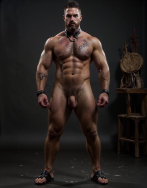 Austin Wolf, 40 años, 1.88m de altura, musculoso, cuerpo extremadamente marcado y definido, pectorales grandes y cuadrados, abdominales six-pack profundos, brazos gruesos y venosos, hombros anchos, trapecios marcados, piel blanca bronceada, pelo negro corto con rapado a los lados estilo fade, barba negra densa perfectamente recortada cubriendo mandíbula cuadrada, ojos marrones oscuros con mirada penetrante desafiante, rasgos faciales masculinos y angulosos, nariz recta, cejas gruesas, vello corporal negro medio en pecho bajando por abdomen, tatuajes en brazos y torso, manos atadas detrás de la espalda con cuerdas gruesas negras, collar de cuero negro con argolla de metal plateado al cuello, torso desnudo brillante de sudor con marcas de latigazos cruzando la espalda y hombros, expresión de sumisión forzada pero con actitud alfa contenida, mandíbula apretada, músculos tensos y flexionados, piernas musculosas muslos mostrando pene grande pronunciado, tiene pene de 20 cm de longitud y 8 cm de diámetro. Tiene sandalias negras en los pies. Iluminación dramática cenital tipo mazmorra BDSM, cadenas y ganchos colgando del techo de fondo, ambiente oscuro con tonos grises y negros, fotografía hiperrealista 8K. Tiene zapatos de tacón alto de color negro en los pies. Sus pies están a la vista. Está muy contento de su cuerpo perfecto y levanta y flexiona los brazos para enseñar sus músculos bíceps. Está muy contento de tener el cuerpo perfecto que gusta a todos. Enseña sus pies. Salta de alegría enseñando su pene de 18 cm de longitud con una sonrisa de alegría por tener un cuerpo perfecto. Manos arriba brazos hacia arriba flexionados enseñando músculos bíceps muy marcados. Mano derecha masturbando pene. Fondo de muchos hombres peludos musculosos desnudos, orgia con mamadas penetraciones anales y desenfreno sexual. Tiene sandalias en sus pies están a la vista.