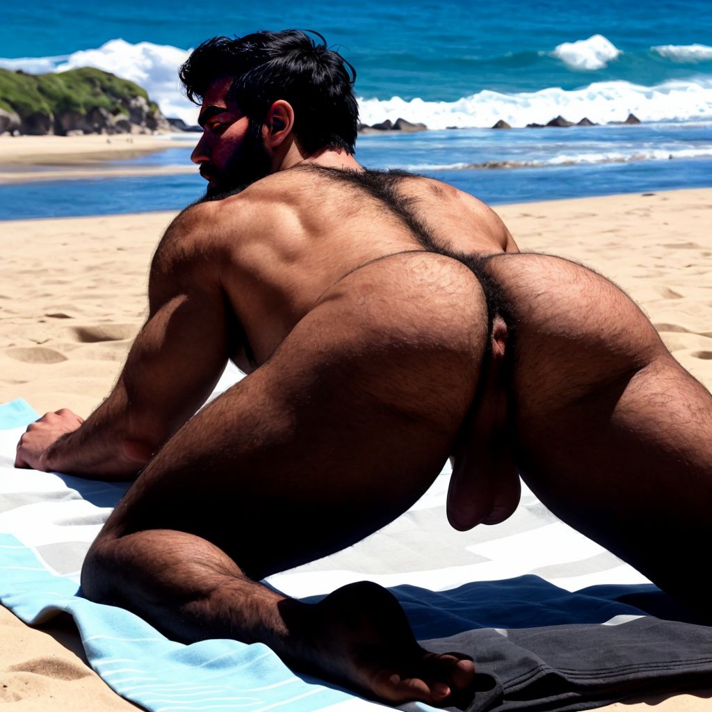 Hombre joven delgado, de 30 años de edad, de pelo negro y barba, colocado a cuatro patas, inclinado hacia el suelo, visto desde atrás , ofreciendo el culo con el ano abierto, está sobre una toalla en la playa a plena luz del Sol de verano. Está con los testículos grandes colgando hacia abajo. Tiene mucho vello por todo el cuerpo. Tiene el cuerpo delgado y bronceado
