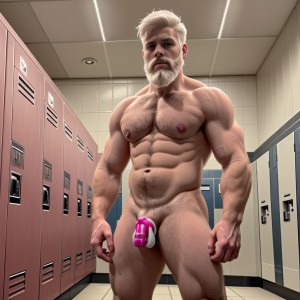 Hombre maduro musculoso, pelo y barba blanca, desnudo, con jaula de castidad rosa, en vestuario de gimnasio, observado por jóvenes empalmados, miradas intensas, ambiente sensual.