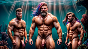 Foto hiperrealista en 8k. Cuatro hombres sirenas musculosos de pie muy velludos con cabello colorido y pene grande y testículos grandes . Expresan amor. Se miran fijamente a los ojos con vicio sexual. Nadan en la profundidad del mar en un bosque submarino de algas marinas, con el cabello flotando ingrávidamente detrás de él, mientras la luz del sol de la superficie se filtra y salpica el entorno.