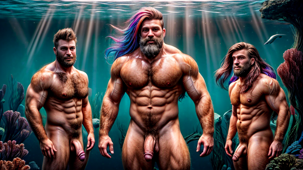 Foto hiperrealista en 8k. Cuatro hombres sirenas musculosos de pie muy velludos con cabello colorido y pene grande y testículos grandes . Expresan amor. Se miran fijamente a los ojos con vicio sexual. Nadan en la profundidad del mar en un bosque submarino de algas marinas, con el cabello flotando ingrávidamente detrás de él, mientras la luz del sol de la superficie se filtra y salpica el entorno.