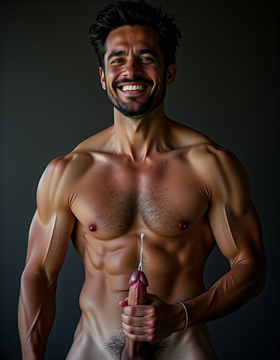 hoyuelo en barbilla, mentón hendido, el mentón está limpio y bien afeitado, NO BARBA y NO BIGOTE, de una cara masculina de un hombre muy viril y musculoso y guapo y sexi de 40 años que tiene mandíbula fuerte y cuadrada, destacando una fisura vertical marcada en el centro del mentón que es el hoyuelo. La cara es de un hombre español musculoso culturista, torso desnudo, constitución corporal extremadamente desarrollada escultural, boca cerrada en sonrisa torcida arrogante burlona, labios carnosos, ojos verdes claro profundos con mirada penetrante directa a cámara cargada de cinismo y dominancia, cejas pobladas densas, cabello denso despeinado hacia atrás en copete desordenado con mechones rebeldes cayendo sobre frente y sienes mostrando textura natural sin producto, cuello musculoso con nuez prominente visible, trapecios enormes elevados como montañas a ambos lados del cuello, pecho descomunal con pectorales gigantescos separados con hendidura profunda central cada fibra muscular visible bajo piel bronceada cubiertos completamente por alfombra densa de vello negro formando manto tupido salvaje sobre toda la superficie con pezones oscuros erectos asomando entre pelaje espeso, abdomen perfectamente esculpido en tableta de ocho secciones profundas con sombras dramáticas entre cada músculo, oblicuos cortados laterales, línea de vello negro denso descendiendo desde centro del pecho entre pectorales por esternón sobre cada abdominal hasta ombligo donde se ensancha formando trail oscuro salvaje continuando descendiendo, brazos con bíceps de gran tamaño con cabezas musculares divididas y venas gruesas azules serpenteando por toda superficie, tríceps marcados en herradura, deltoides esféricos estriados, antebrazos masivos cubiertos de vello negro denso con venas prominentes bajando hasta muñecas, dorsales anchos como alas creando V invertida brutal, piel clara ligeramente bronceada con poros visibles micro imperfecciones naturales lunares y marcas sutiles, vello corporal negro abundante cubriendo completamente pecho abdomen brazos antebrazos cuello en densidad natural masculina sin recortar, iluminación natural lateral dramática creando sombras duras acentuando cada músculo, fondo neutro desenfocado, estilo fotografía editorial cruda realista, grano fotográfico sutil, colores naturales intensos saturados. Está totalmente desnudo. Tiene un  pene erecto enorme de 35 centímetros de largo y muy grueso apuntando hacia arriba entre su cuerpo, venas gruesas pulsantes marcadas recorriendo todo el tronco de su pene, glande hinchado enorme brillante de color rojo púrpura, testículos extremadamente grandes gordos y pesados colgando muy abajo descolgados entre las piernas con piel arrugada tensa bajo el peso, el pene eyaculando activamente múltiples chorros gruesos abundantes de semen blanco espeso disparándose de la punta con fuerza, semen resbalando copiosamente por el glande y tronco formando hilos blancos espesos, gotas gruesas de semen cayendo entre su cuerpo. Tiene anillo de plata en el dedo hallux (primer dedo del pie) de sus pies. Crea imagen del personaje descrito de cuerpo entero desde los dedos de sus pies hasta su cabeza, todo el cuerpo desnudo a la vista de la cámara. Tiene sandalias en sus pies. Fotografía hiperrealista de ultra alta definición 8K plano lateral del cuerpo completo.