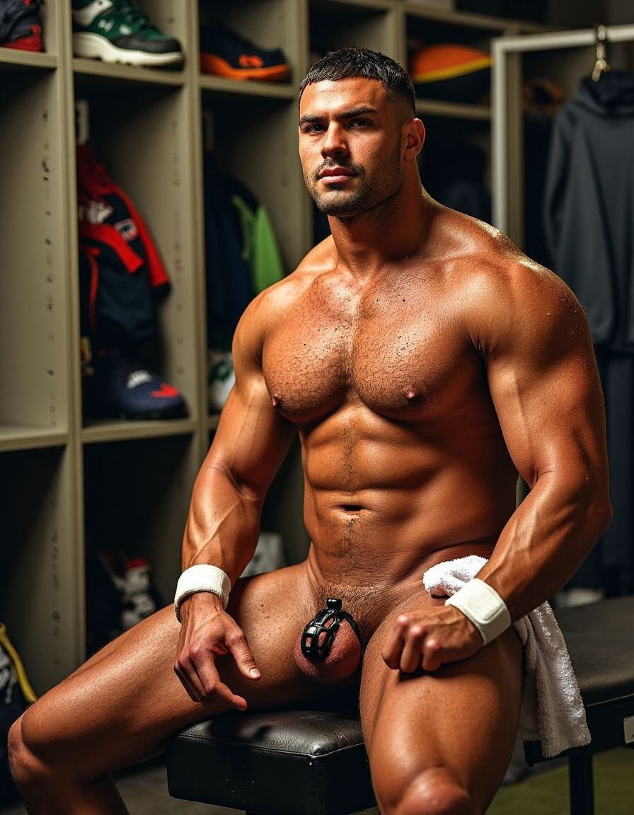 Hombre musculoso y desnudo sentado en un banco de vestuario, con el torso brillante por el sudor, abdominales marcados, pectorales definidos y brazos muy desarrollados. Lleva muñequeras blancas y una toalla clara apoyada a un lado, mientras mantiene las piernas abiertas y el pene visible, sujeto con un accesorio negro tipo anillo. Su expresión es seria y directa, con barba corta y pelo oscuro recortado, dando una presencia intensa y atlética. Al fondo aparecen taquillas abiertas con zapatillas, ropa deportiva, sudaderas y equipamiento de gimnasio, creando un ambiente de vestuario masculino, entrenamiento físico, culturismo y preparación deportiva.