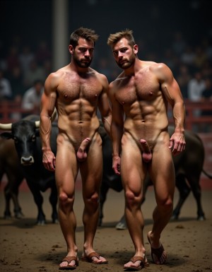 Un torero español musculoso y velludo de 50 años, con torso atlético y marcado, se muestra completamente desnudo, destacando su pene de 30 cm de longitud y 5 cm de grosor, perfectamente formado y rodeado de un denso vello púbico castaño oscuro. Sus testículos, perfectamente formados, cuelgan de forma prominente. La piel bronceada y sudorosa resalta su musculatura definida, con pectorales y abdominales bien marcados y sin grasa. El cabello largo y castaño oscuro está despeinado y sudoroso, con gotas de sudor resbalando por su frente y mejillas. Una barba incipiente y un vello corporal denso que se extiende por su pecho, piernas y brazos completan su apariencia viril. Lleva sandalias marrones en sus pies.

A su lado, un hombre musculoso y velludo de 30 años, completamente desnudo, muestra un pene erecto de 30 cm de longitud y 4 cm de grosor, hermoso y perfecto, rodeado de un denso vello púbico pelirrojo. Su piel bronceada y sudorosa muestra una musculatura definida, con pectorales y abdominales muy marcados. Tiene cabello pelirrojo despeinado y sudoroso. Tiene una barba pelirroja densa pero bien recortada. El vello corporal pelirrojo denso cubre su pecho, y tiene mucho vello pelirrojo en sus piernas y brazos, lo que realza su apariencia masculina y atlética. Están andando en la plaza de toros con un toro

Ambos hombres se encuentran en una plaza de toros, con sombras que resaltan su musculatura y vello corporal, creando un ambiente sensual y cargado de tensión. Están en pleno acto de pasión, con sus penes erectos y testículos prominentes ,destacando su musculatura, vello corporal y atributos viriles en una imagen impactante y llena de energía. La escena está llena de sensualidad y poder, con los dos hombres como protagonistas, en un ambiente cargado de pasión y erotismo. La imagen es híper realista, con detalles de alta calidad, y muestra la unión de los dos hombres en un acto de pasión y dominio, con sus cuerpos musculosos y velludos completamente desnudos y visibles, mostrando su excitación y pasión en cada detalle. Tienen sus penes erectos, desde la uretra del glande del pene eyaculan semen blanco lanzado en abundancia.
