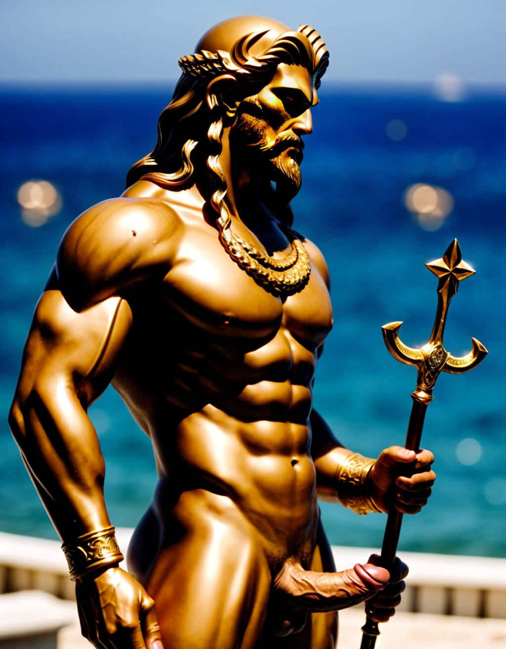 Poseidón es un dios supremo llegado a Grecia con las primeras invasiones de los pueblos indoeuropeos. Es el Dios del mar. Tiene carácter feroz, impredecible y violento. Tiene pene grande. Tiene testículos redondos y grandes. Está de perfil. Está acariciando su pene con la mano izquierda. Tiene un bastón de oro en la mano. 